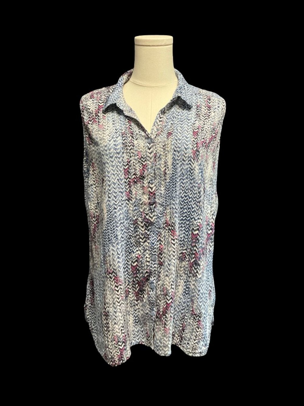 Blue/Pink/White Chevron Print Button Up Sleeveless Top w/ Collar
